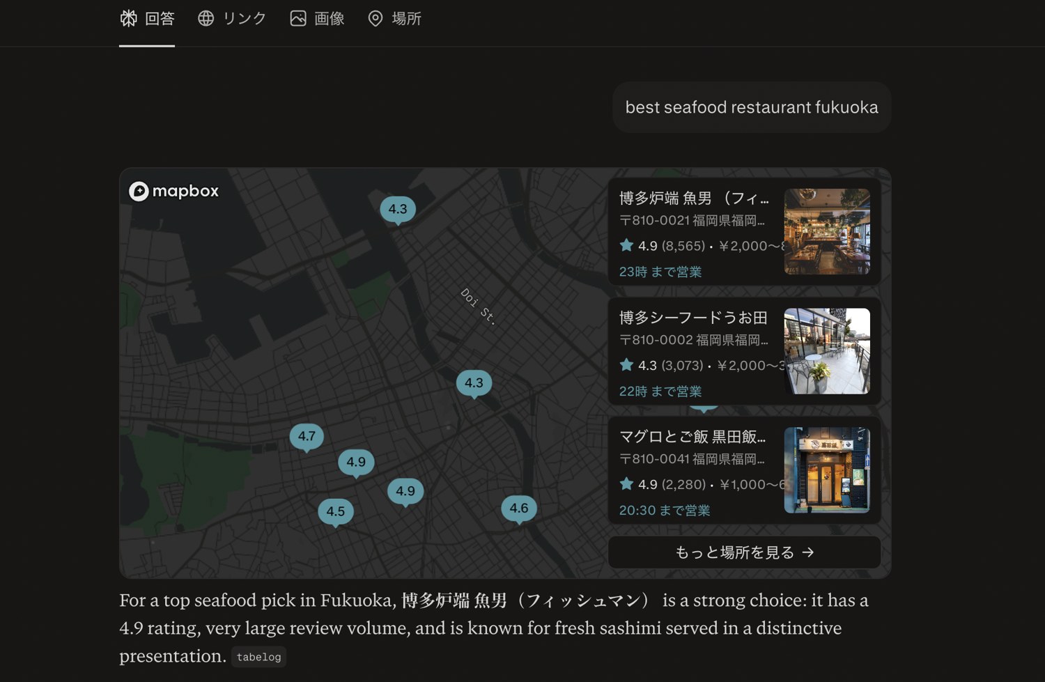 Perplexity（AI検索）で「best seafood restaurant fukuoka」と検索した結果、博多炉端 魚男（FISHMAN）が筆頭に表示されている画面